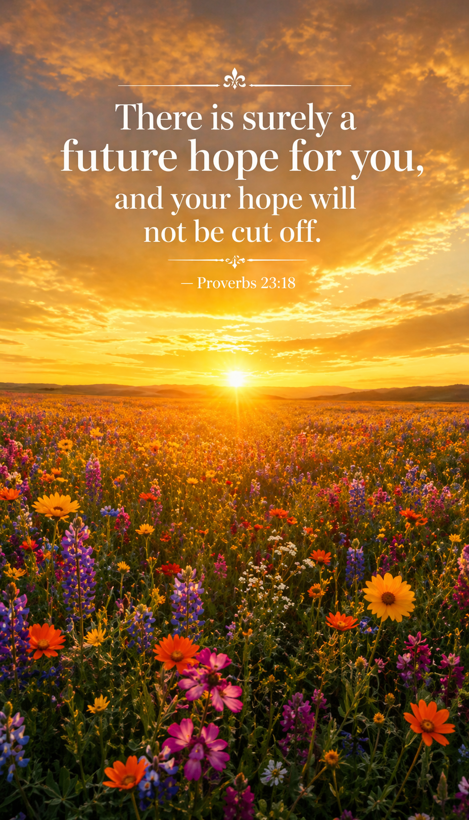 Vast field of colorful wildflowers stretching to bright sunrise horizon golden light flooding everything -- Proverbs 23:18 future hope vertical wallpaper